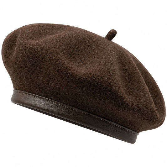 Berretto basco taglia unica marrone in tessuto effetto feltro con bordo effetto pelle - stile classico