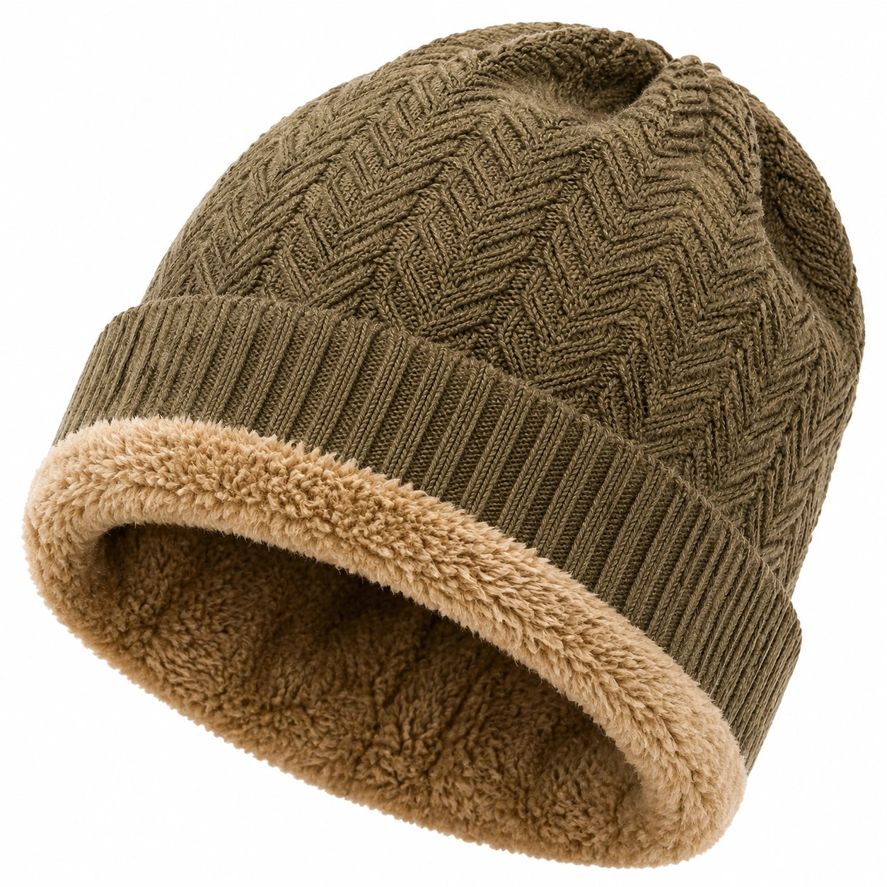 Berretto in maglia taglia unica verde oliva/beige foderato effetto peluche per uso invernale