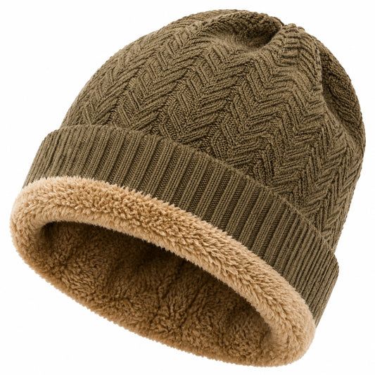 Berretto in maglia taglia unica verde oliva/beige foderato effetto peluche per uso invernale