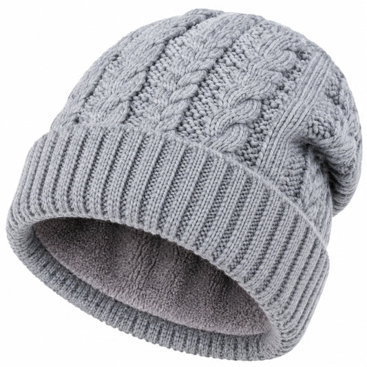 Berretto in maglia grigio chiaro taglia unica con fodera calda - stile a trecce per inverno