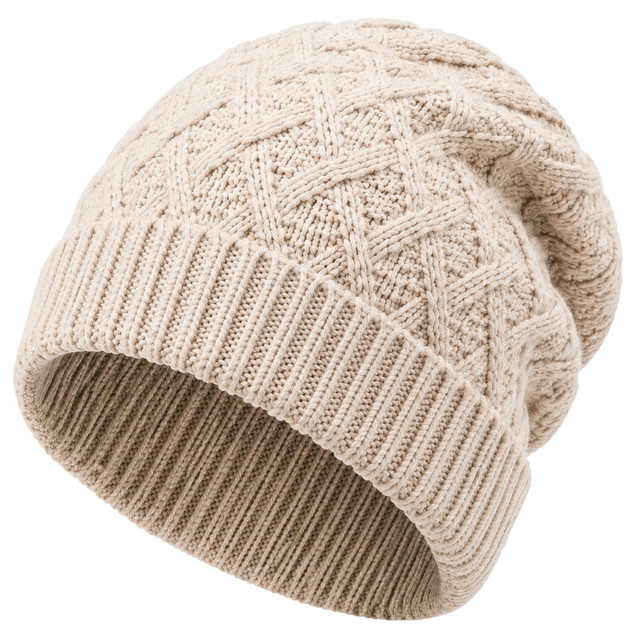 Cappello in maglia beige taglia unica per uso quotidiano con risvolto