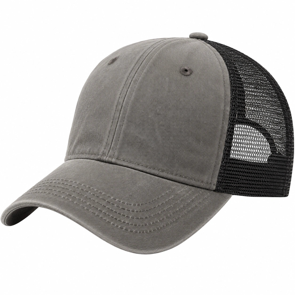 Cappellino trucker taglia unica in tessuto grigio e rete nera - visiera curva traspirante