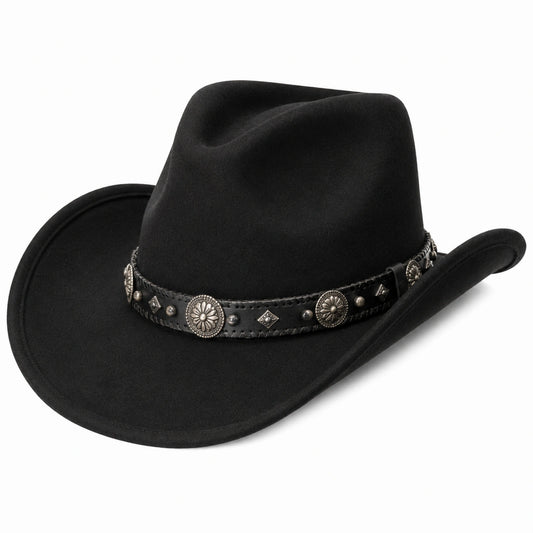 Cappello cowboy taglia unica nero in feltro con fascia decorativa stile western