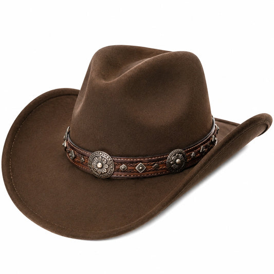 Cappello western taglia unica in tessuto effetto camoscio marrone con fascia decorativa