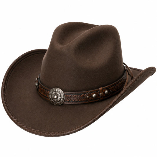 Cappello cowboy taglia unica in feltro marrone con fascia in pelle stile western