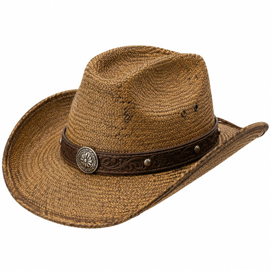 Cappello cowboy taglia unica in fibra intrecciata marrone con fascia decorativa stile western
