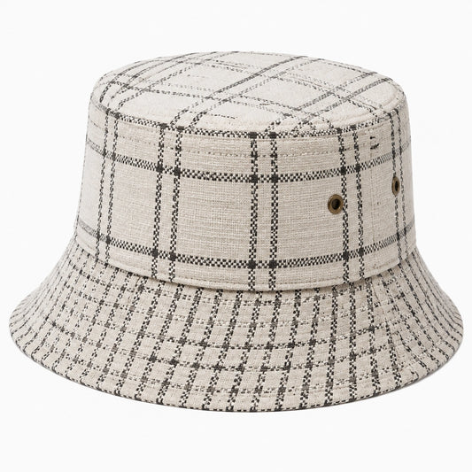 Cappello pescatore taglia unica in tessuto beige e nero a quadri - tesa ampia e occhielli laterali
