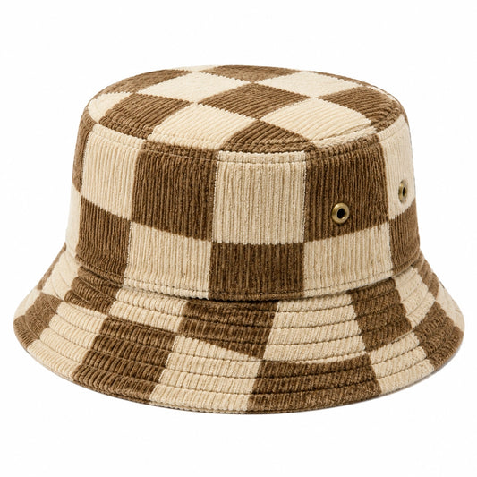Cappello pescatore taglia unica in velluto a coste marrone/beige a quadri con occhielli