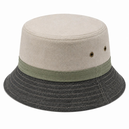 Cappello pescatore taglia unica in tessuto beige verde e nero con occhielli stile casual