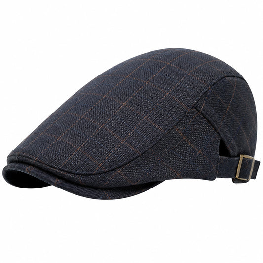 Cappello coppola taglia unica in tessuto blu scuro a quadri - regolabile stile classico