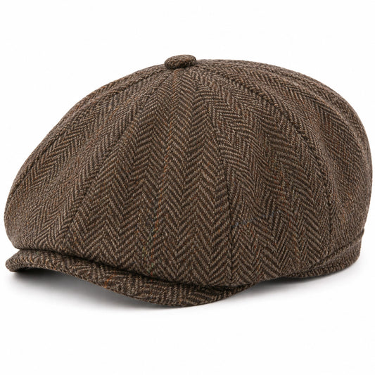 Coppola unisex taglia unica in tessuto marrone a spina di pesce stile classico